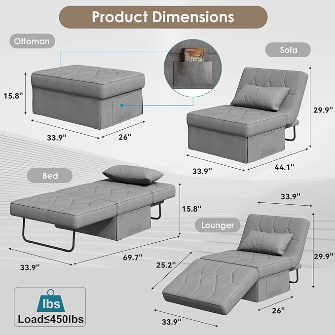 Convertible Sofa Bed with 5-Level Adjustable Backrest, 70" D x 34" W 4-in-1 Folding Ottoman Sleeper Chair Bed, Modern Single Futon Couch for Living Room Apartment Dorm Small Space, Light Grey