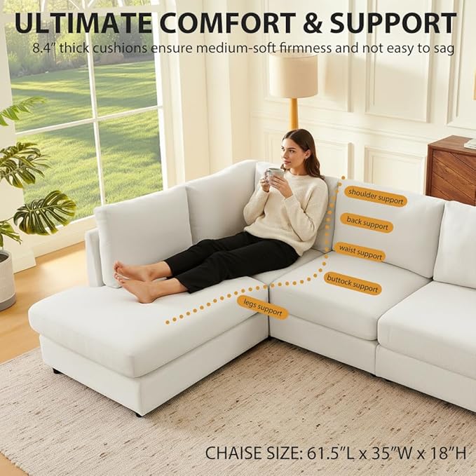 100” L-Shaped Couch with Reversible Chaise, Chenille Modular Sectional Sofa, 4-Seater Corner Couch for Living Room, Apartment, Beige