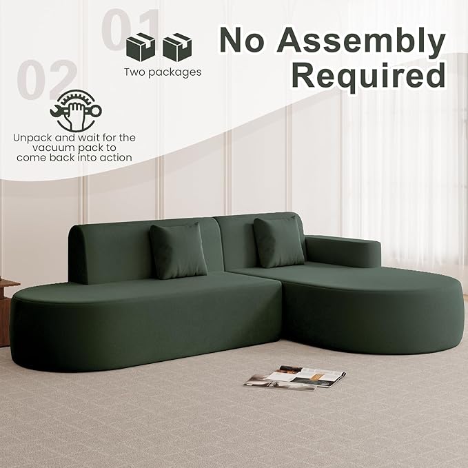 MELLCOM Modern Curved Boneless Sofa Couch, L-Shaped Corner Sofa, No Assembly Needed, Chenille Upholstered Cloud Sectional Couch for Living Room, Bedroom and Apartment (Green, Right Hand Facing)