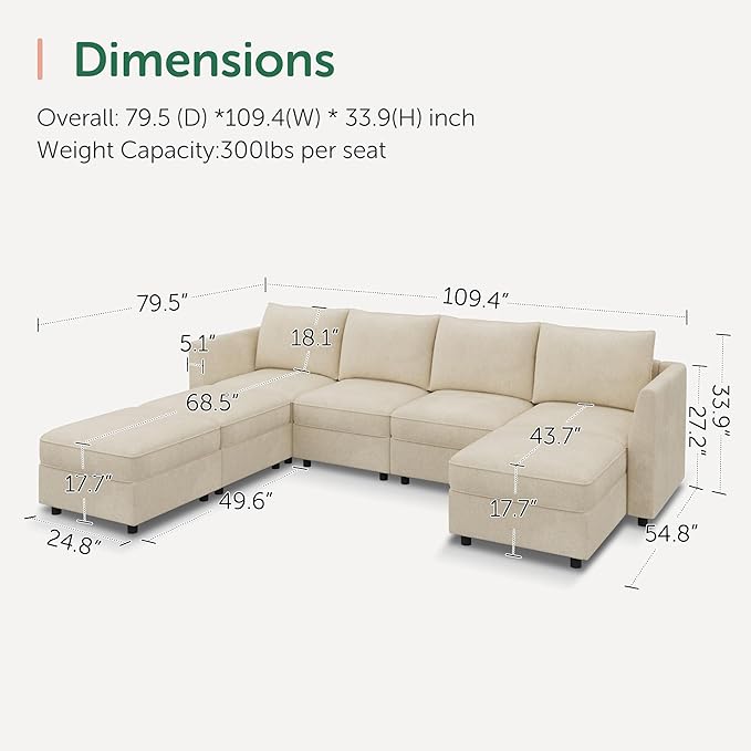 HONBAY Modular Sofa U Shaped Sectional Couch with Storage, Convertible Modular Sofa 7 Seats Sectional for Living Room - Beige