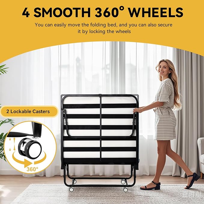 Folding Bed with Mattress for Adults, Twin Size Portable Foldable Bed with Metal & Wood Frame, Rollaway Guest, 75" x 38"