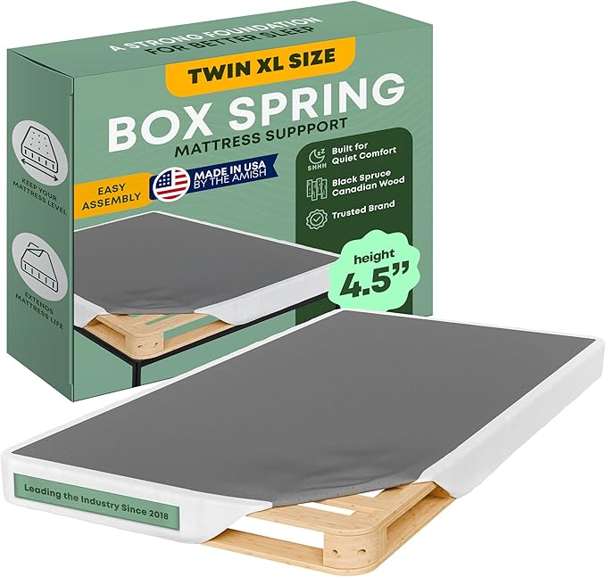 Greaton, Unassembled Twin XL Bed Inch Wood Box Spring Only – Amish Made in USA – Quiet Noise-Free Replacement Mattress Packed Flat, Easy Assembly (White), 4.5" Foundation