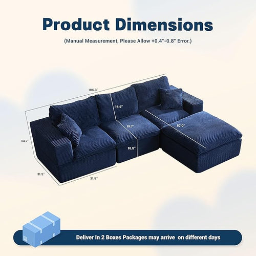 106.3” Sectional Couches for Living Room, Set of Cloud Couch, Modular Sectional Sofa, Convertible Sofas Bed, Deep Seat Sofa, L Shaped Cozy Sofa Furniture Set, Corduroy, Blue