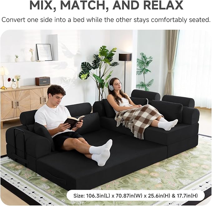 106" L-Shaped Boneless Sectional Couch, 2-Piece 70.87" Modules, Converts to 141.7" Extra-Long Straight Sofa, Corduroy Couch in a Box with Headrest & Back Pillows for Living Room,Black