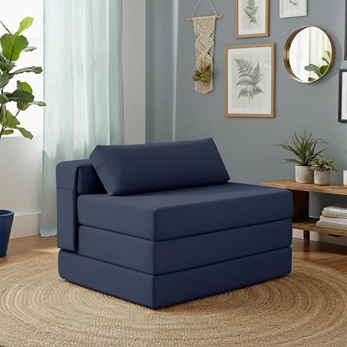 Tiita Folding Sofa Bed Chair, 4-Fold Convertible Sleeper Chair with Lumbar Pillow, Washable Cover & Side Pocket, Floor Couch Bed with Raised Seat, Single Size for Small Spaces, Navy