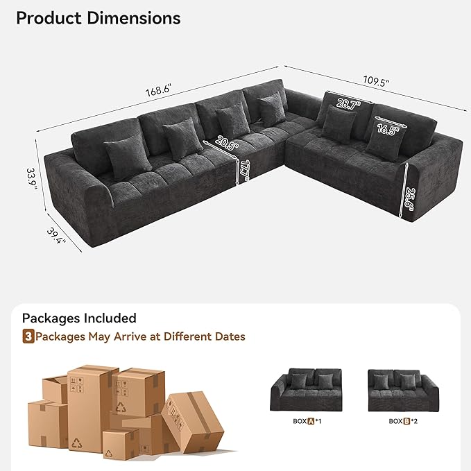 140''Modular Sectional Couches for Living Room, Cloud Boneless Compressed Sectional Sofa, Oversized L Shaped 6 Seater Upholstered Memory Foam Sofa, No Assembly, Chenille Grey