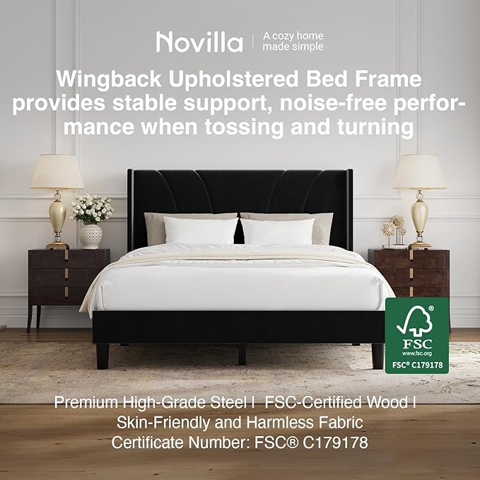 Novilla Queen Size Bed Frame, Queen Bed Frame with Headboard, Velvet Upholstered Wing Side Headboard, No Box Spring Needed, Heavy Duty Feet, Easy Assembly, Black Velvet