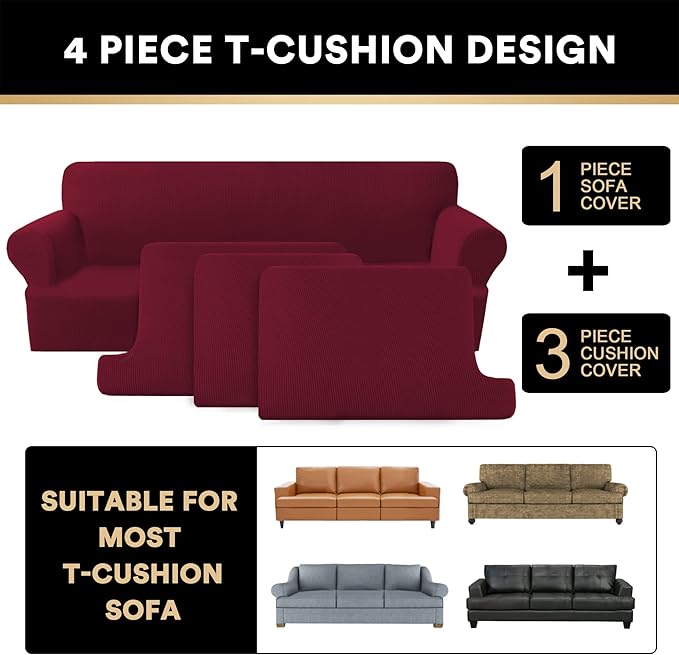 PrinceDeco T Cushion Sofa Slipcover 4 Pieces Sofa Covers for T Cushion Couch Soft Sofa Slip Covers Furniture Protector with 3 Individual T Shape Seat Covers Width Up to 88" Burgundy
