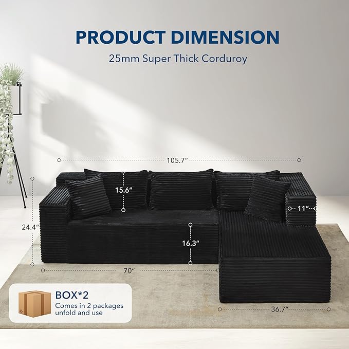 Garvee Modular Sectional Sofa Cloud Sectional Couch, 106" Comfy Fluffy L Shaped Black Couches for Living Room,Oversized Sofa Sleeper with Deep Seat, No Assembly Required, Black