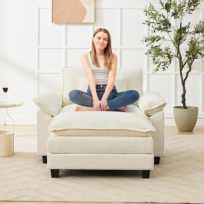 53" Modular Sectional Sofa, Comfy Cloud Couch Sectional Sofa with Ottoman, Chenille Sofa Sleeper Deep Seat Sofa with Throw Pillows for Living Room (Beige White)