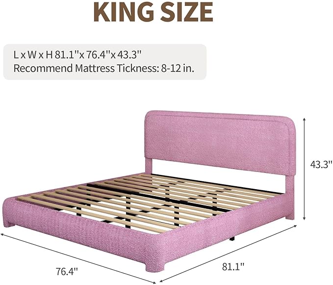 BarnFurin King Size Boucle Bed Frame and Headboard, Cloud Upholstered Platform Bed Frame, Soft Rounded Corners, No Box Spring Required, Non-Slip and Noise-Free, Easy Assembly, Rose Pink