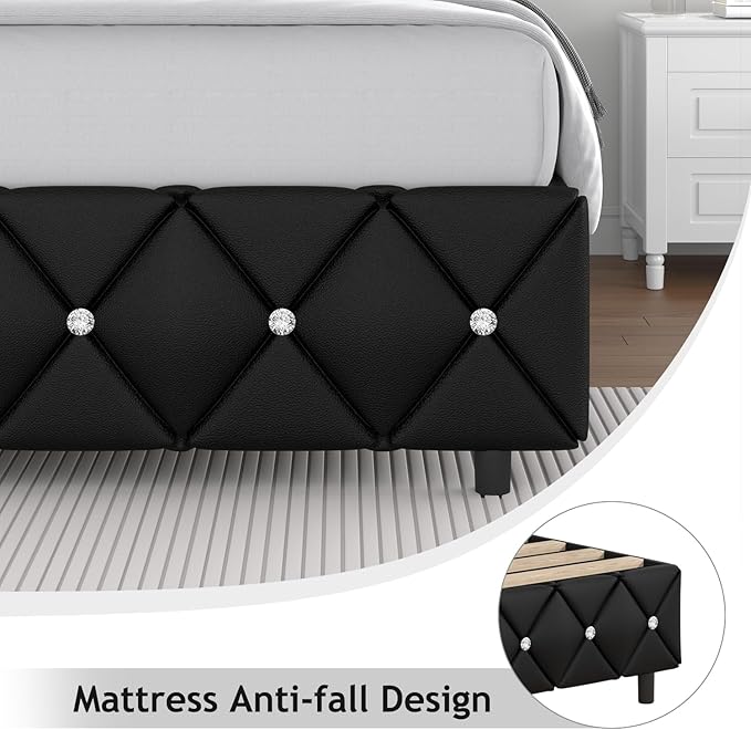 Twin Bed Frame, Faux Leather Platform Bed with Upholstered Diamond Headboard, Mattress Foundation with Strong Wooden Slats Support, No Box Spring Required, Easy Assembly, Black