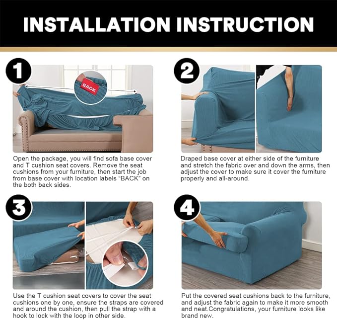 PrinceDeco T Cushion Loveseat Slipcover - 3 Pieces Sofa Cover for 2 Cushion Couch with 2 Individual T Shape Seat Covers Width Up to 76 Inch - Stretch, Machine Washable, Storm Blue