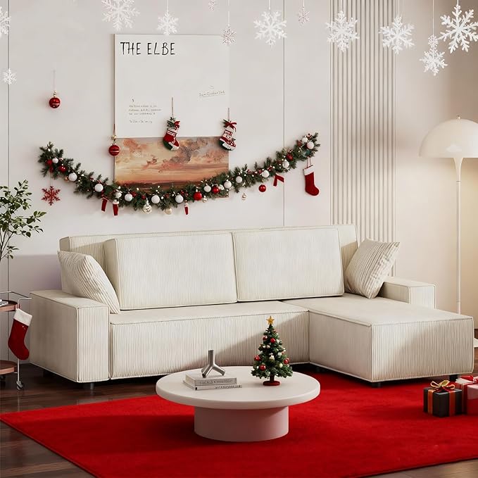 GAOMON Fine Stripe Corduroy Sectional Sofa, l Shaped Modern Corduroy Couch, Comfy Sofa Couch with Deep Chaise for Living Room, Apartment, Hotel, 96" w*61" d*32" h, Beige