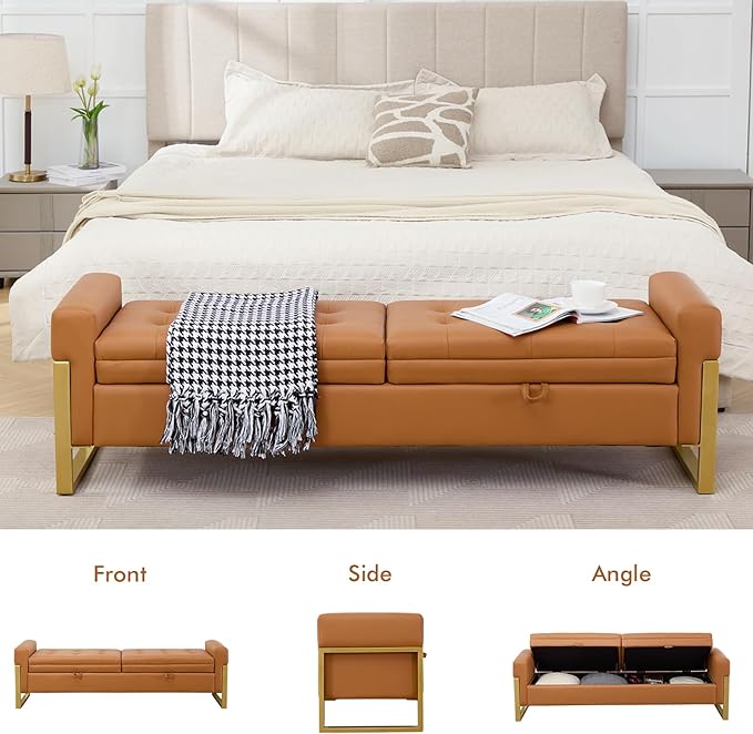 67" End of Bed Bench King Size, Leather Storage Bench for Bedroom Foot of Bed, Double Lids Storage Bench with Golden Legs, Upholstered Ottoman Bench for Living Room Window Entryway, Brown