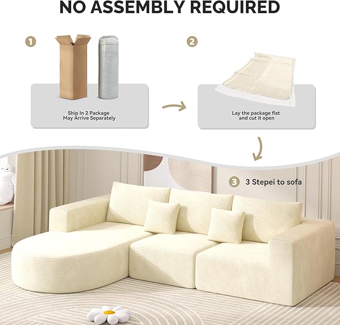 Boneless Couches for Living Room,Cloud Sectional Couch with L-Shape Chaise,Modern Modular Sofa with Deep Seat Upholstered Comfy Couches for Bedroom,No Assembly Required,1PCS