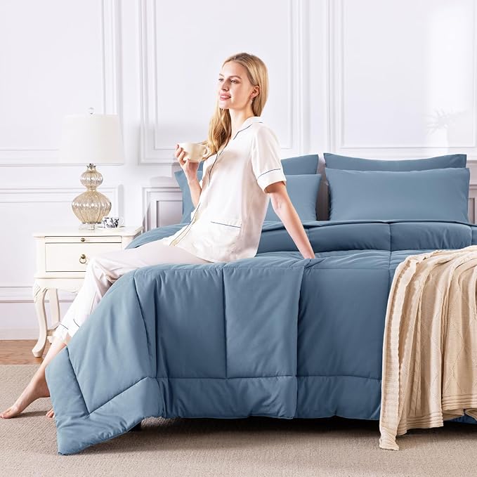 CozyLux King Size Comforter Set Dusty Blue, 7 Pieces Bed in a Bag, Grayish Blue Comforter King Size, All Season Bedding Sets with Stitch Quilted Comforter, Flat Sheet, Fitted Sheet, Pillowcases