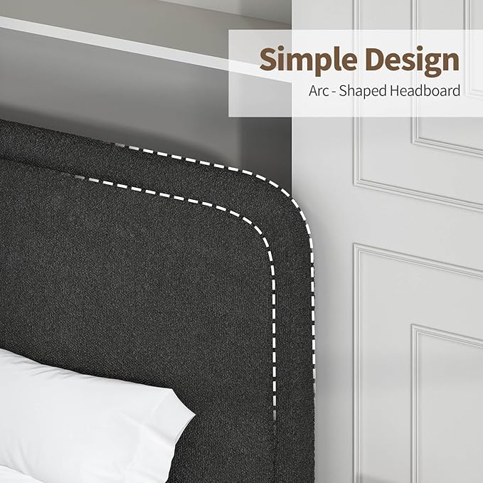 BarnFurin Full Size Bed Frame, Boucle Upholstered Platform Bed Frame with Headboard, Soft Rounded Corners, No Box Spring Required, Non-Slip and Noise-Free, Easy Assembly, Black