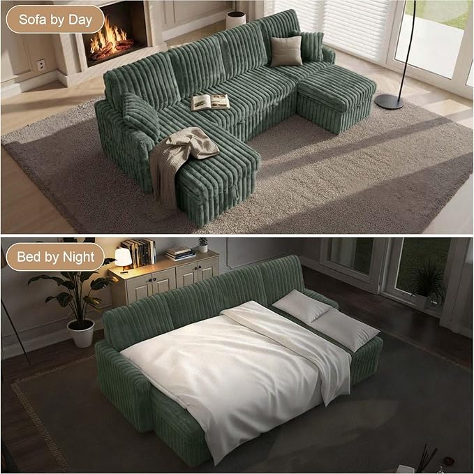 104" U Shaped Sleeper Sofa Bed, Sectional Couches for Living Room, Plush Corduroy Pull Out Couch Bed with Storage, Modular Sectional Couch with Charging Station, Cup Holder, Side Pocket, Green