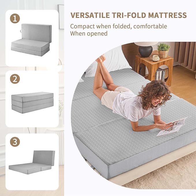CYMULA Folding Mattress Full Size, 6 inch Memory Foam Tri Portable Murphy Bed and Futon, Full Topper with Breathable & Washable Cover, Foldable Floor Mattress for RV，Guest Beds，Grey (52"×73"×6")