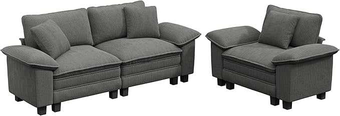 PHI VILLA Cloud Modular Couches Sets, 2 Pieces Sectional Sofa Set with Loveseat, 3-Seater Comfy Couch for Living Room Apartmeent, Corduroy Fabric, Grey