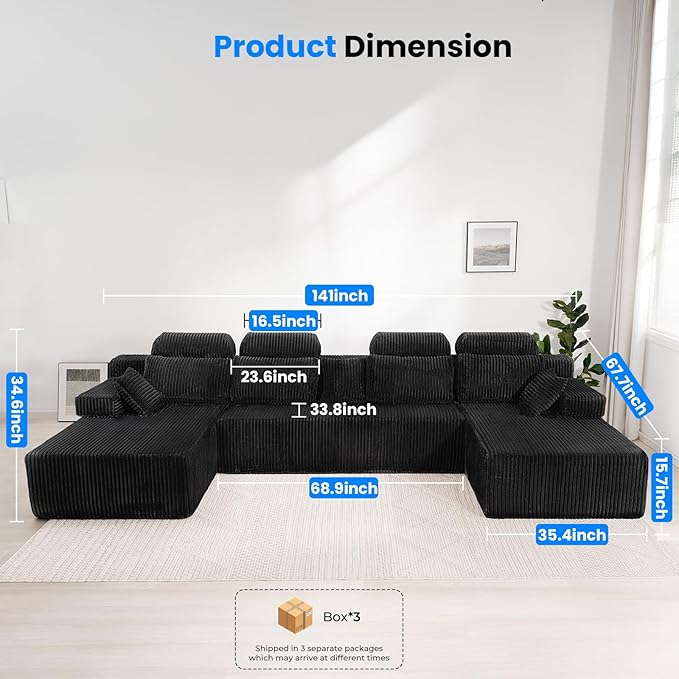 141’’ Cloud Sectional Couch with High Backrest, Convertible U-Shaped Modular Sectional Sofa with Deep Seat, Soft Corduroy Upholstery, Boneless Couches Comfortable for Living Room