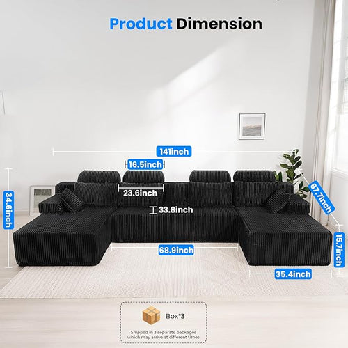 141’’ Cloud Sectional Couch with High Backrest, Convertible U-Shaped Modular Sectional Sofa with Deep Seat, Soft Corduroy Upholstery, Boneless Couches Comfortable for Living Room