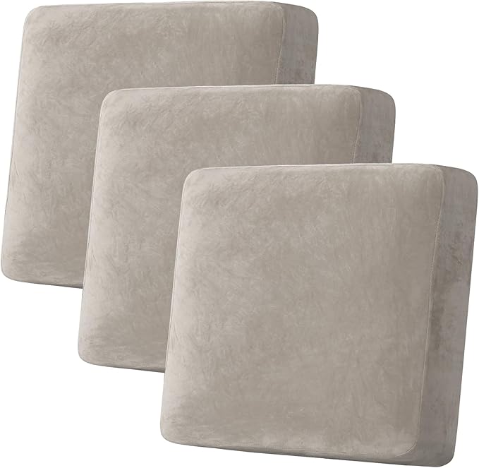 H.VERSAILTEX Velvet Stretch Couch Cushion Cover Plush Cushion Slipcover for Chair Loveseat Sofa Cushion Furniture Protector Seat Cushion Sofa Cover (3 Piece XL Sofa Cushion Covers, Oatmeal)