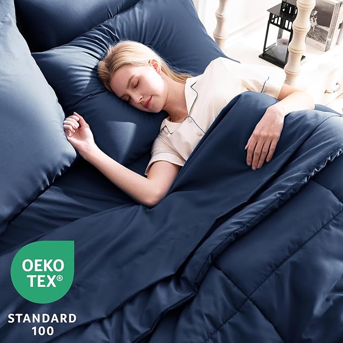 CozyLux Oversized King Comforter Sets Navy Blue, 7 Pieces Bed in a Bag, Ultra-Soft All Season Bedding Sets with Stitch Quilted Comforter, Flat Sheet, Fitted Sheet, Pillowcases