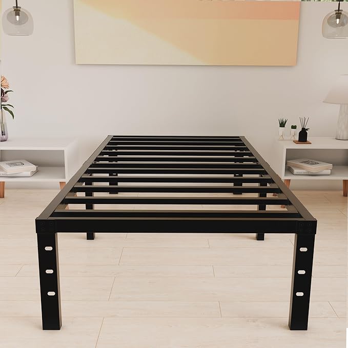 HOBINCHE 14 Inch Metal Twin Bed Frame No Box Spring Needed - Easy Assembly Heavy Duty Noise Free Narrow Bedframes - Single Black Basic Non Squeak Steel Slats Platform with Storage