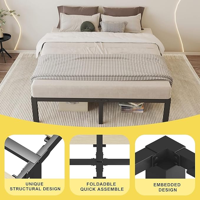 ROIL 18 inch Twin Size Bed Frames with Wide Wood Slats - 3500lbs Heavy Duty No Box Spring Needed Platform, Mattress Stoppers Single Metal Noise Free, Headboard Hole Underneath Storage
