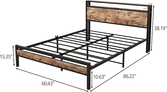 BOFENG Queen Bed Frame with Wood Headboard Storage,Heavy Duty Metal Platform Bed Frame Queen Size with Charging Station,Reinforced Steel Slats Support,No Box Spring Needed,Noise Free,Brown