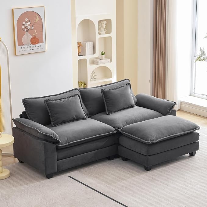 86" Modular Sectional Sofa, Comfy Cloud Couch Sectional Sofa with Ottoman, Velvet Sofa Sleeper Deep Seat Sofa with Throw Pillows for Living Room (Blue Gray, 86"- L Shape)