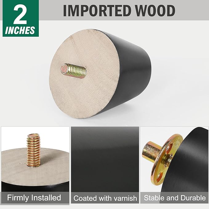 FoDau770 Black Rubber Wood Furniture Legs 2 Inches, Slant Tapered Wood Feet Mid Century Sofa Legs Set of 4, 5/16" UNC Furniture Feet Replacement Parts for Cabinet Couch Dresser Chair Ottoman Table