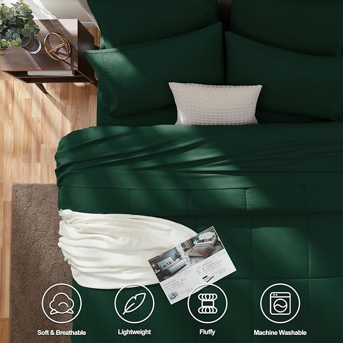 CozyLux Oversized Queen Comforter Sets Emerald Green, 7 Pieces Bed in a Bag, Ultra-Soft All Season Bedding Sets with Stitch Quilted Comforter, Flat Sheet, Fitted Sheet, Pillowcases