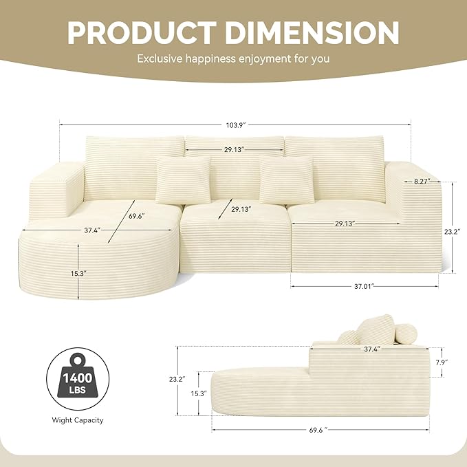 Boneless Couches for Living Room,Cloud Sectional Couch with L-Shape Chaise,Modern Modular Sofa with Deep Seat Upholstered Comfy Couches for Bedroom,No Assembly Required,1PCS