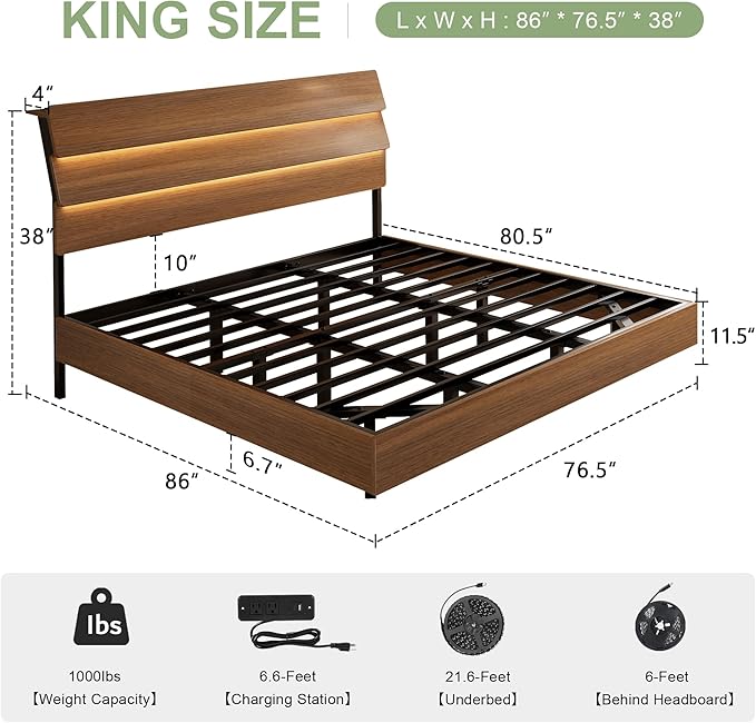 Feonase Floating Bed Frame King with Led Lights and Charging Station, Wood Full Size Bed Frame with Storage Headboard, Heavy Duty Metal Slats, No Box Spring Needed, Easy Assembly,Walnut