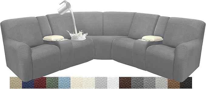 Reclining Sectional Couch Covers L Shape Waterproof Washable Recliner Sofa Cover for L Shaped Sectional Super Stretch Soft Corner Recliner Slipcovers (5 Seater 2 Console Cover, Light Gray)