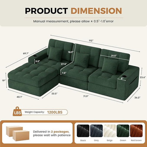 112" L Shaped Cloud Boneless Couch,Modern Modular Sectional Sofa with Layered Cushion,No Assembly Convertible Corduroy Couches for Living Room,Green 1 PCS