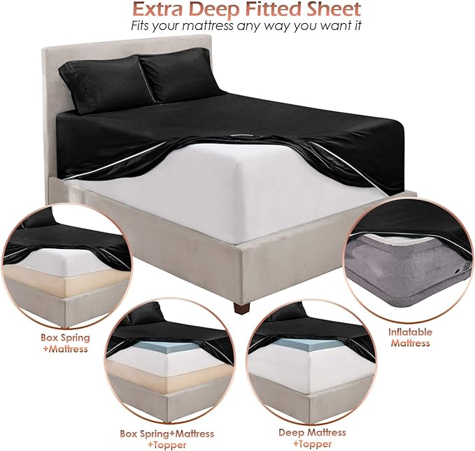 Hearth & Harbor Extra Deep Pocket Sheets - Fits Mattress 18-24 Inches Deep - Extra Deep Pocket Split King Size Sets - 7 Piece Split King Size - Black