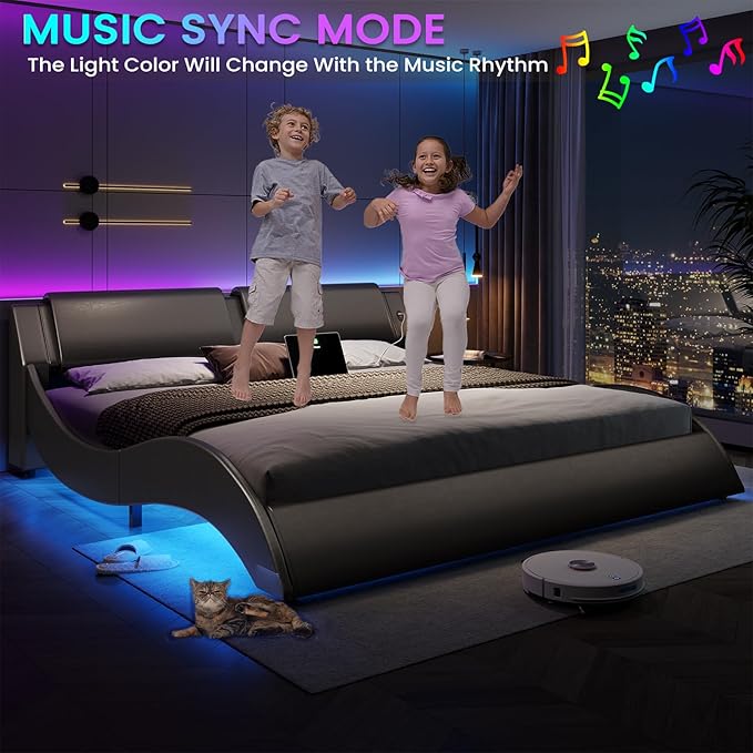DICTAC California King Bed Frame with Led Lights and USB & Type-c Ports Modern Cali King Bed Frame with Headboard Faux Leather Wave Like Curve Low Profile Platform Bed Frame,No Box Spring Needed,Black