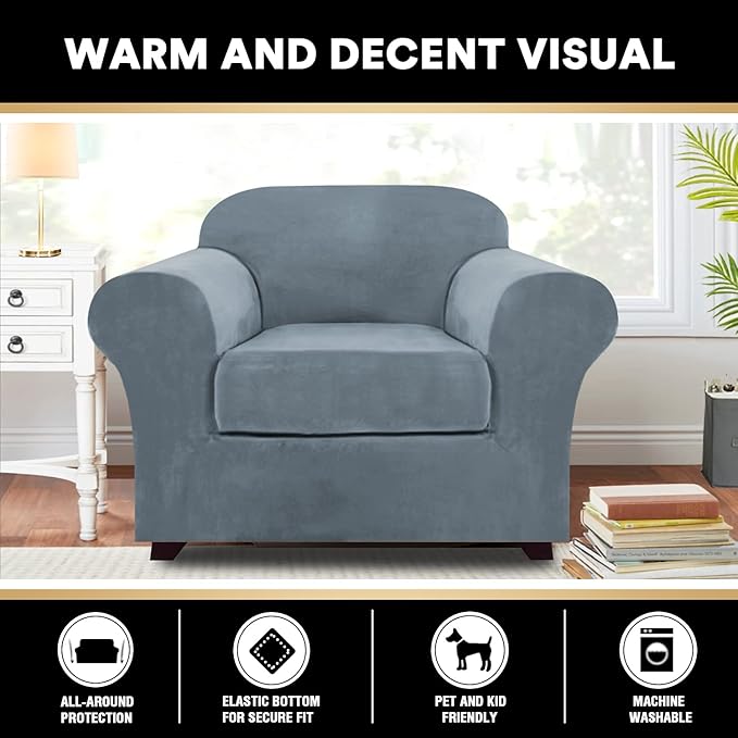 PrinceDeco Velvet Plush Couch Cover Stretch 2 Piece Chair Cover Chair Slipcover Washable Furniture Protector Couch Soft with Elastic Bottom Armchair Cover Width Up to 49 Inch(Small,Stone Blue)
