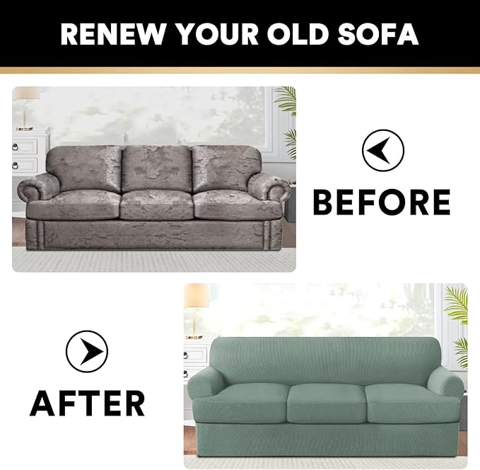 PrinceDeco T Cushion Sofa Slipcover 4 Pieces Sofa Covers for T Cushion Couch Soft Sofa Slip Covers Furniture Protector with 3 Individual T Shape Seat Covers Width Up to 88" Machine Washable, Sage