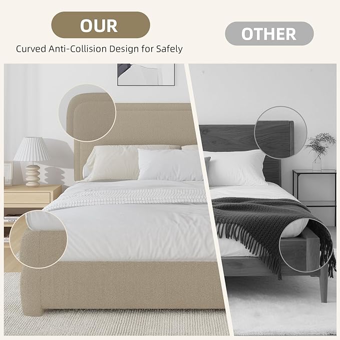 BarnFurin Boucle Upholstered Bed Frame King Size/Cloud Bed Frame/Soft Rounded Corners Headboard/Low Profile/No Box Spring Needed/Non-Slip and Noise-Free/Beige