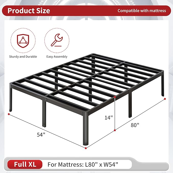 Yicensen 14 Inch Full XL Bed Frame No Box Spring Needed Heavy Duty Metal Full XL Platform Bed Frame with Rounded Corner Legs, Easy Assembly, Noise Free, Black