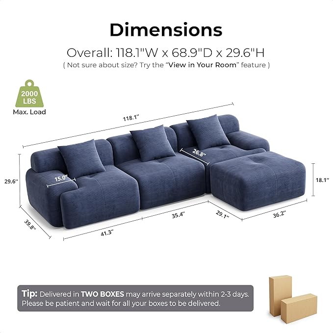 LIKIMIO LumiCord Modular Sectional Sofa with Ottoman, 118" L-Shaped Boneless Couch for Living Room, Oversized Deep Seat with Corduroy Upholstery, No Assembly Required, Navy Blue