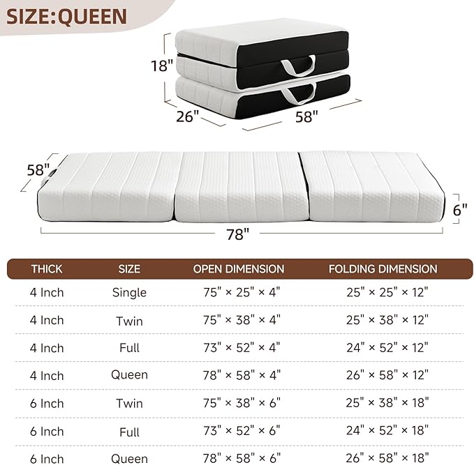 ROXGOX Foldable Mattress, Queen Tri-Fold Memory Foam Mattress Topper with Washable Cover, Handle & Non-Slip Bottom, 6 Inch Portable Folding Bed for Guest, Yoga, Living Room, Camping - 78"x58"x6"