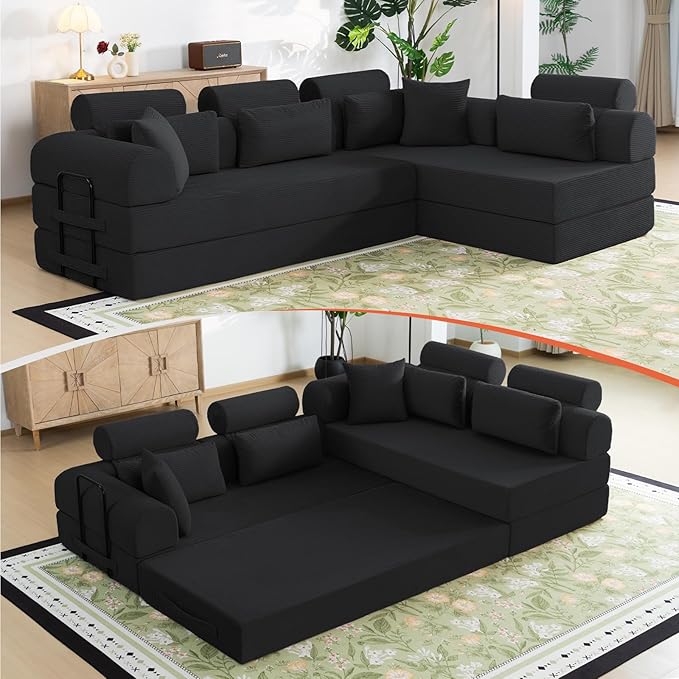 106” L Shaped Boneless Sectional Couch, Two 70.87” Pieces Convert to 141.7” Extra Long Straight Sofa, Corduroy Couch in a Box with Headrest and Back Pillows for Apartment Living Room,Black