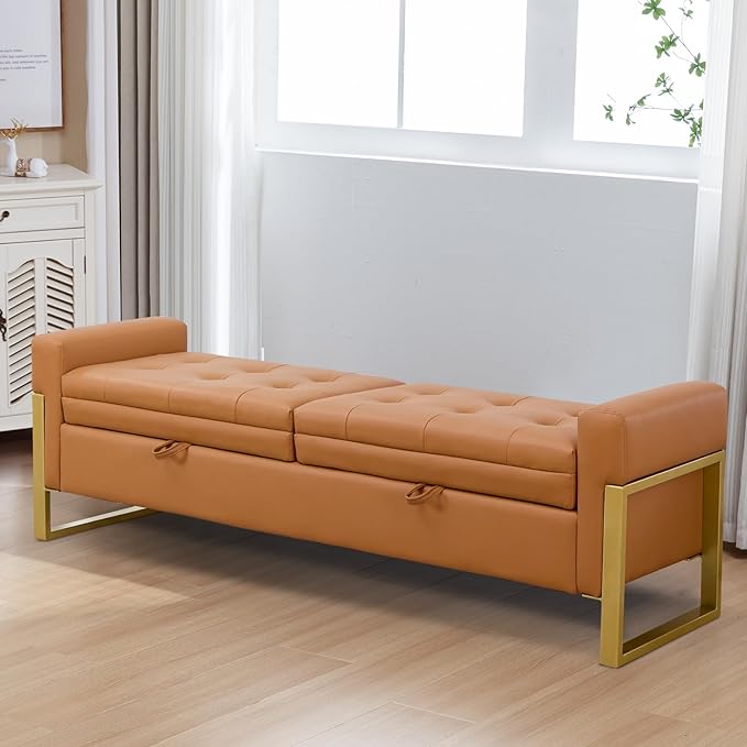 67" End of Bed Bench King Size, Leather Storage Bench for Bedroom Foot of Bed, Double Lids Storage Bench with Golden Legs, Upholstered Ottoman Bench for Living Room Window Entryway, Brown
