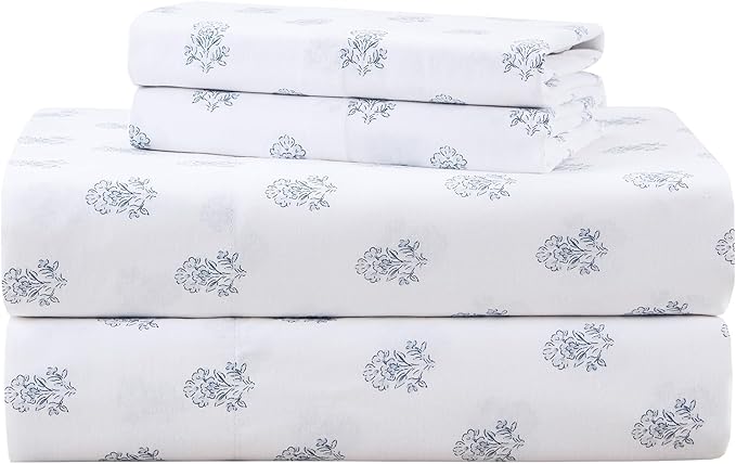 Comfort Spaces 100% Cotton Sheets Twin, Breathable, Naturally Cool Cotton Sheets, Soft Cotton Bed Sheets with 12" Elastic Pocket Fits up to 14" Mattress, All Seasons Sheet Set, Floral Blue 3 Piece